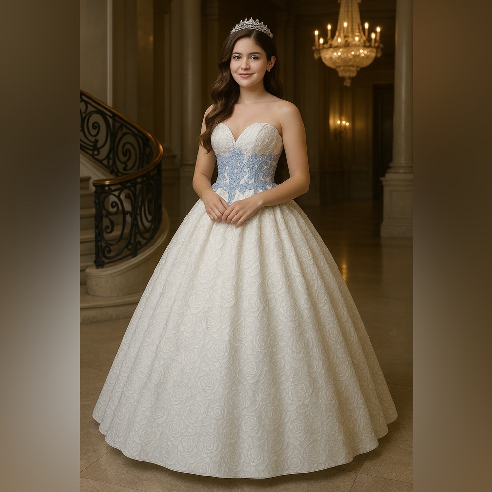 Camille La Vie White & Blue Strapless Embroidered Ball Gown – Size 4